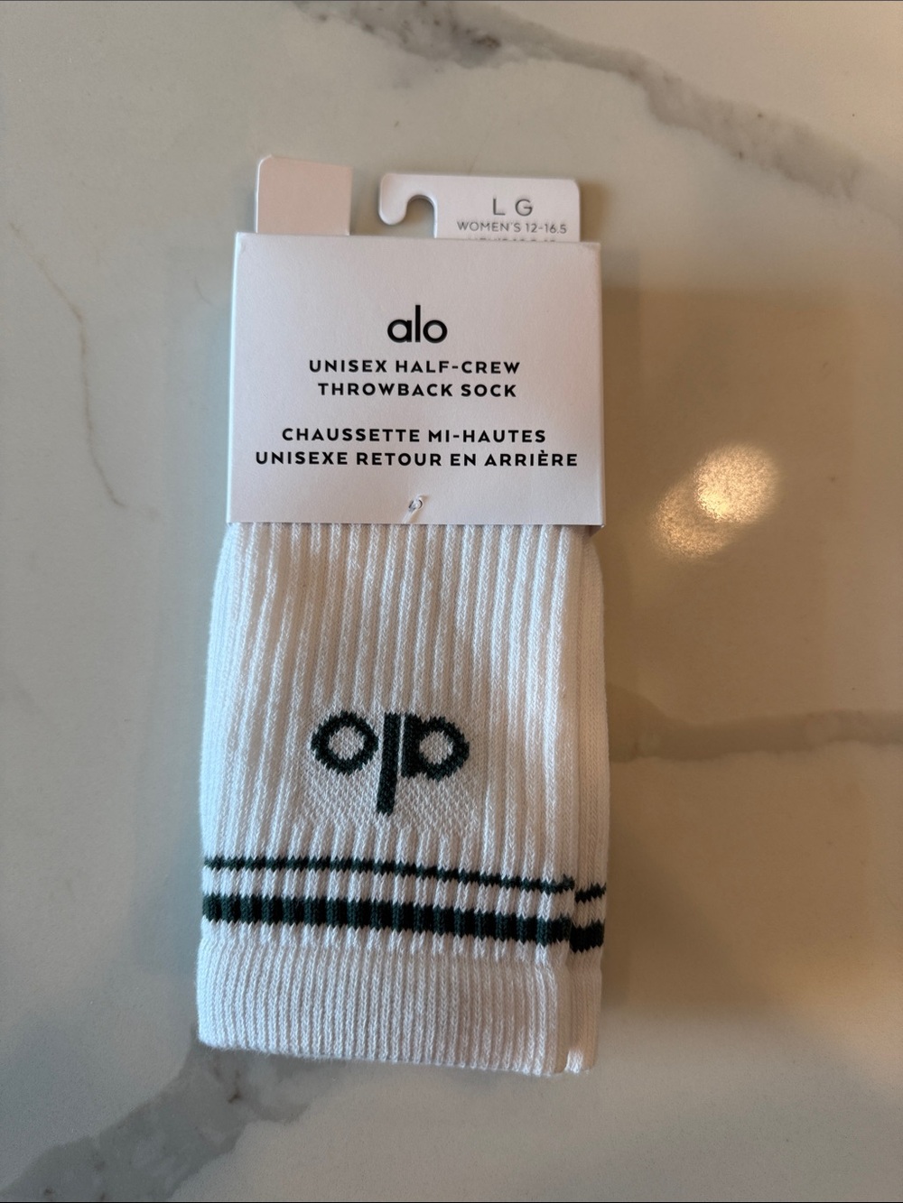 ALO Yoga Unisex Half-Crew Sock in White with Clover Green Accents